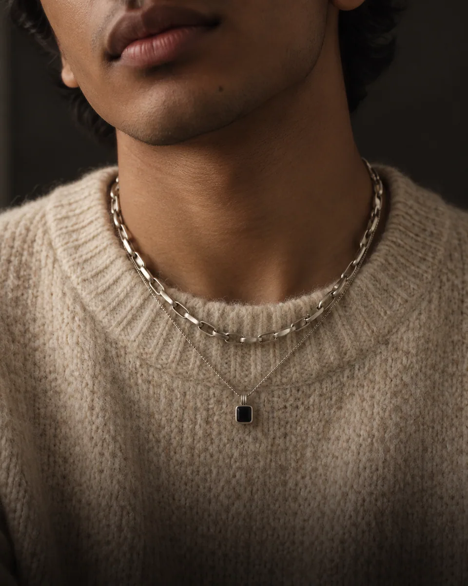 BlackSheep chains layered over textured knitwear