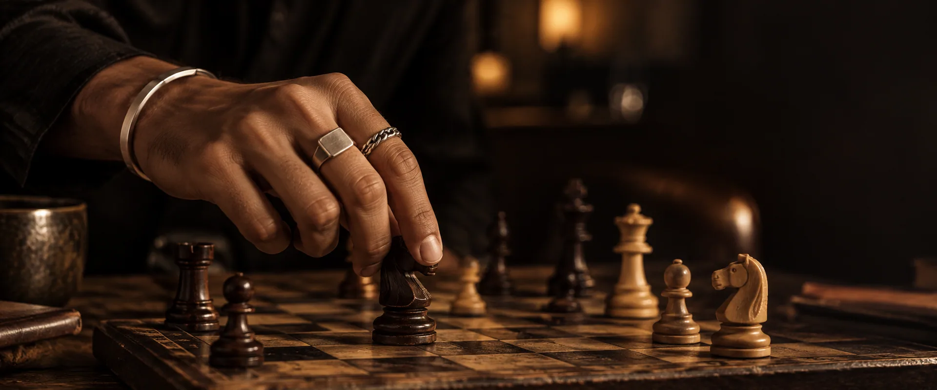 A signet ring worn over a chessboard