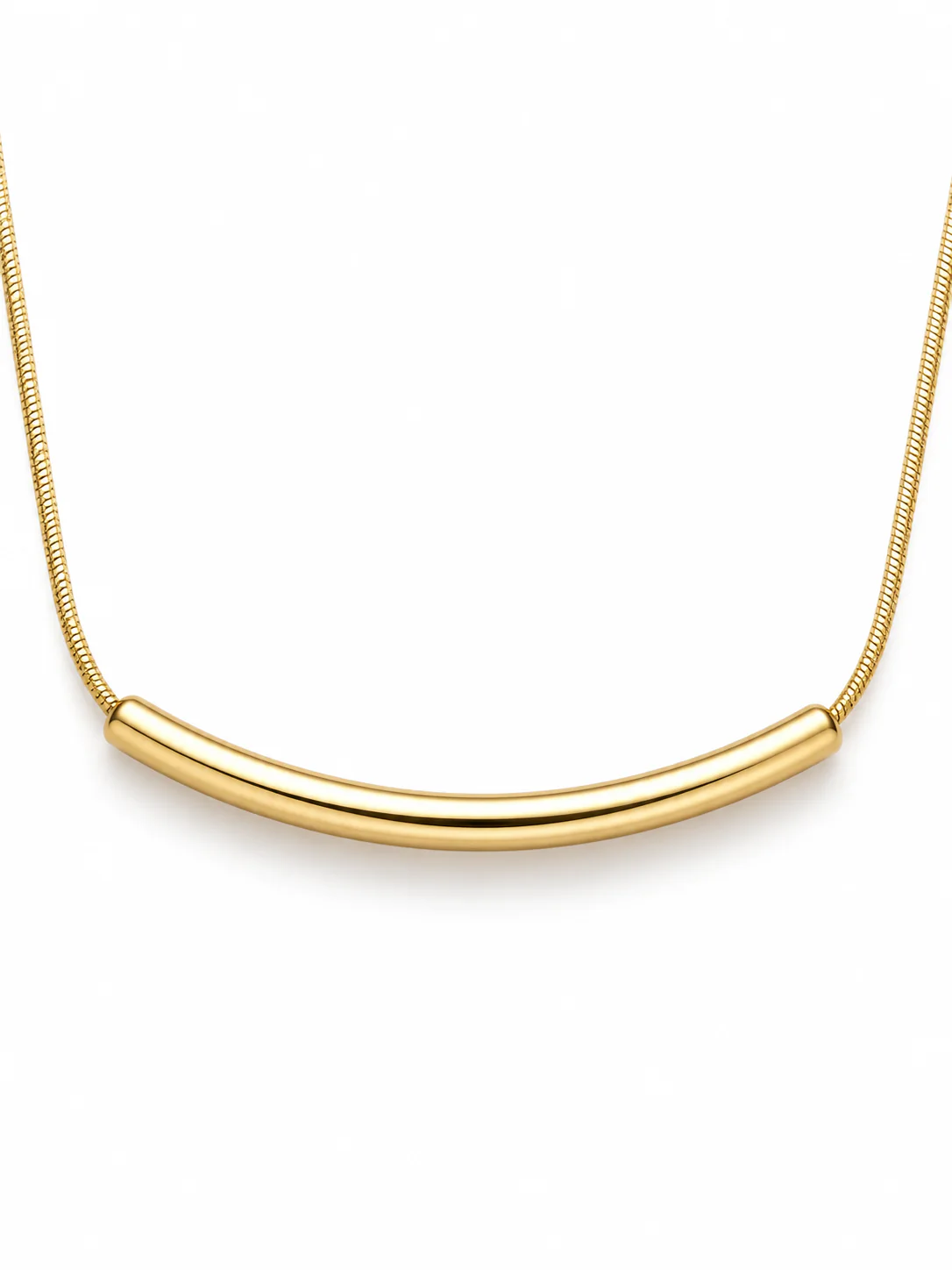Arc Bar Necklace full view with gold-tone snake chain and curved center bar