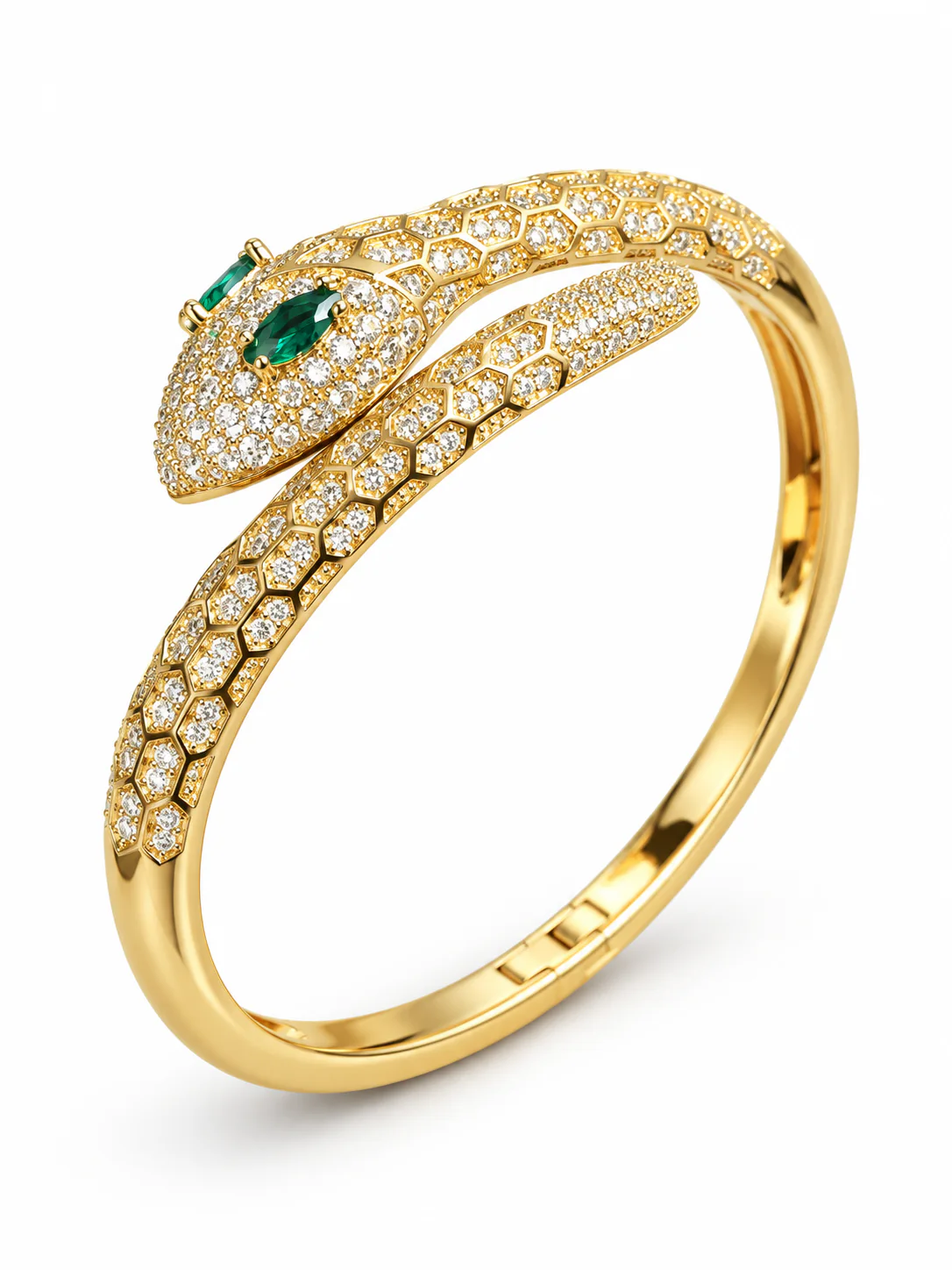 Aurelia Bangle front view with gold-tone serpent head, green eyes and clear stones