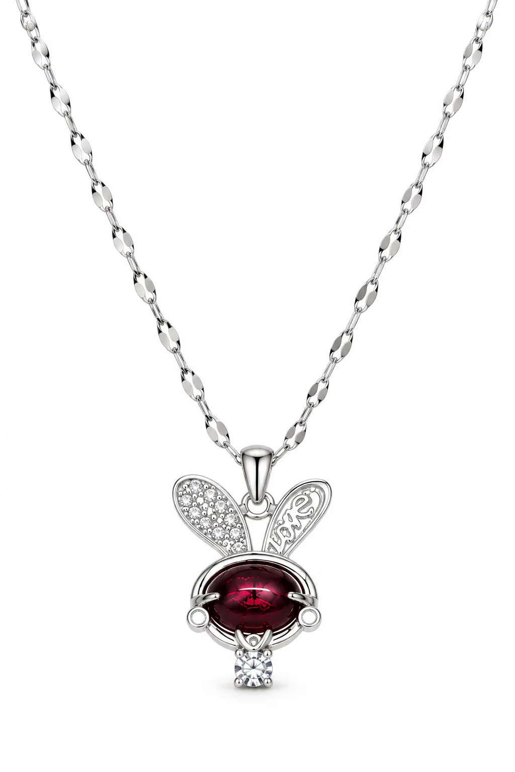 Bunny Love Pendant full necklace view with silver-tone rabbit and deep red center stone