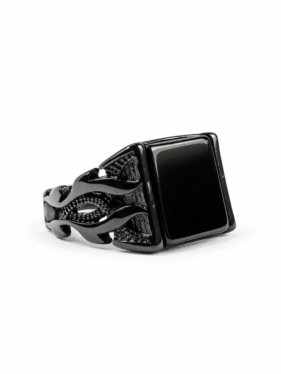 Cinder Signet with rectangular black onyx face and black flame-cut shoulders