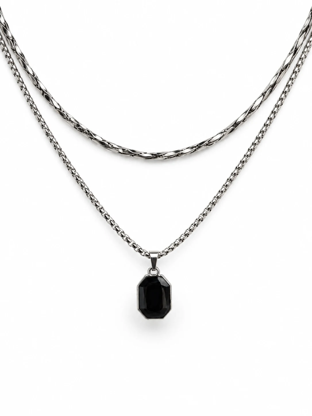 Eclipse Pendant silver-tone chain necklace with a faceted rectangular black centerpiece on a white background