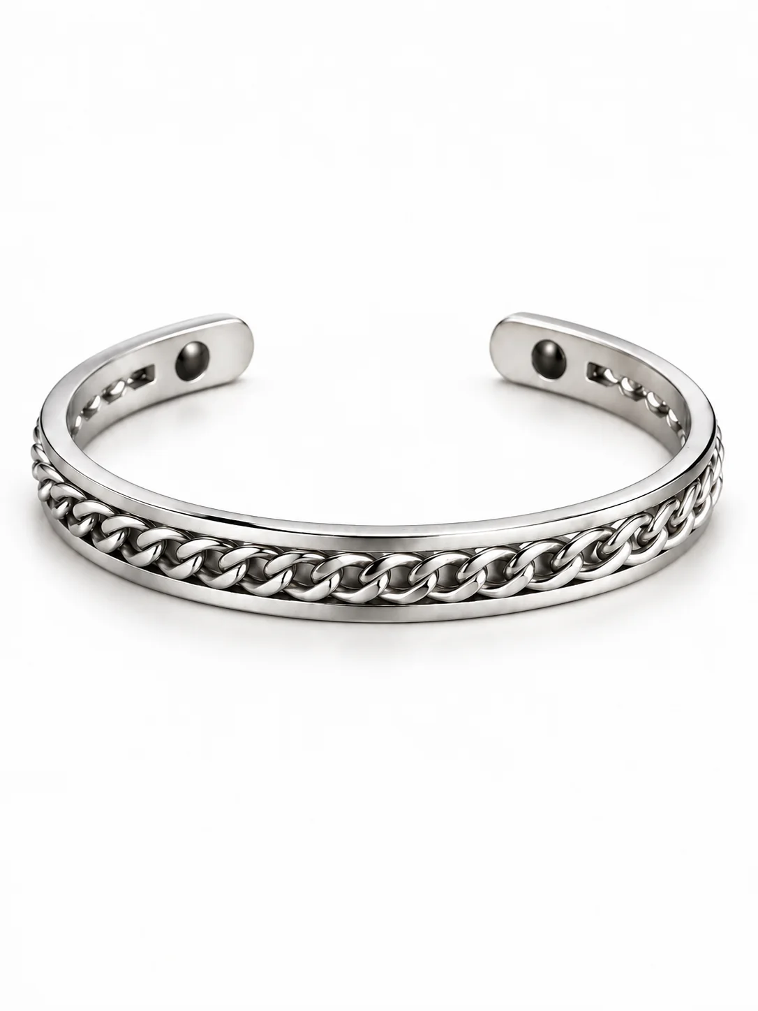 Resolve Cuff front view with silver-tone curb-chain inlay and open bracelet profile
