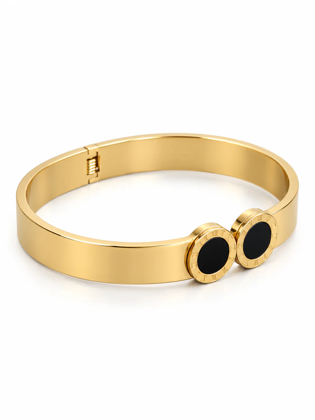 Tempo Bangle front view with twin black circular accents and Roman numeral borders